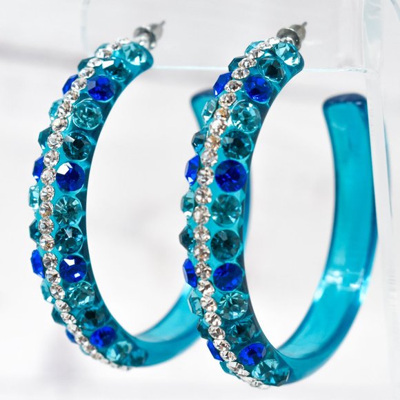 2.5" Clear Teal Lucite Blue Tones Rhinestone Hoops - Picture 1 of 10